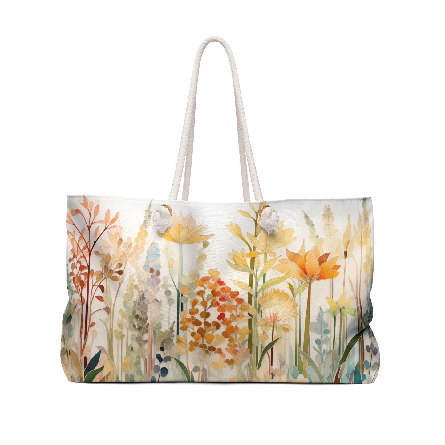 The Stained Glass Fall Flowers Oversized Tote Bag showcases an artistic floral pattern with various flowers in yellow, orange, and soft blue on a light background, featuring white rope handles for a whimsical and colorful stained glass aesthetic.