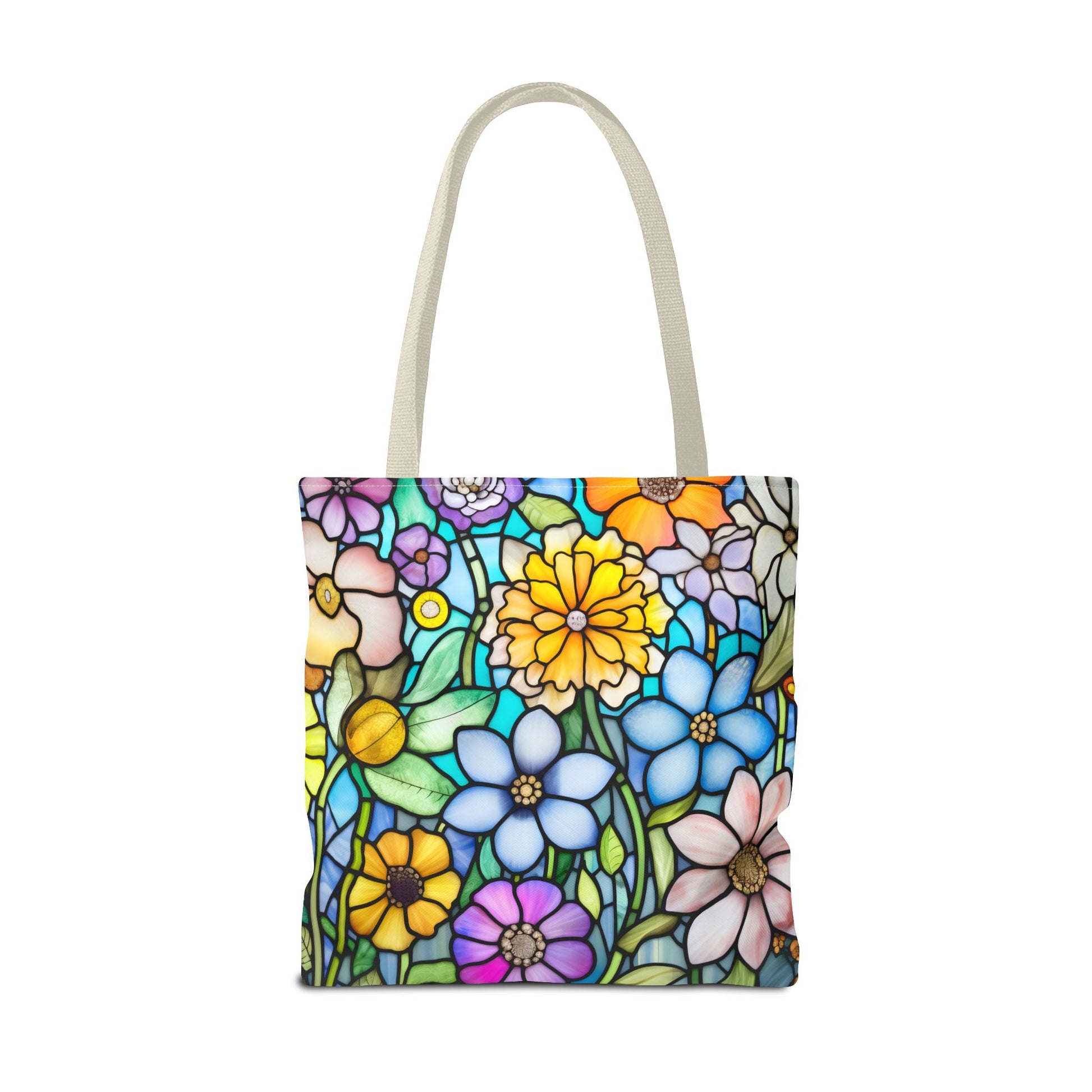 The Stained Glass Folk Art Flowers Tote Bag, available in three different sizes, showcases a vibrant floral pattern with an array of multicolored flowers and green leaves, crafted from durable polyester materials.