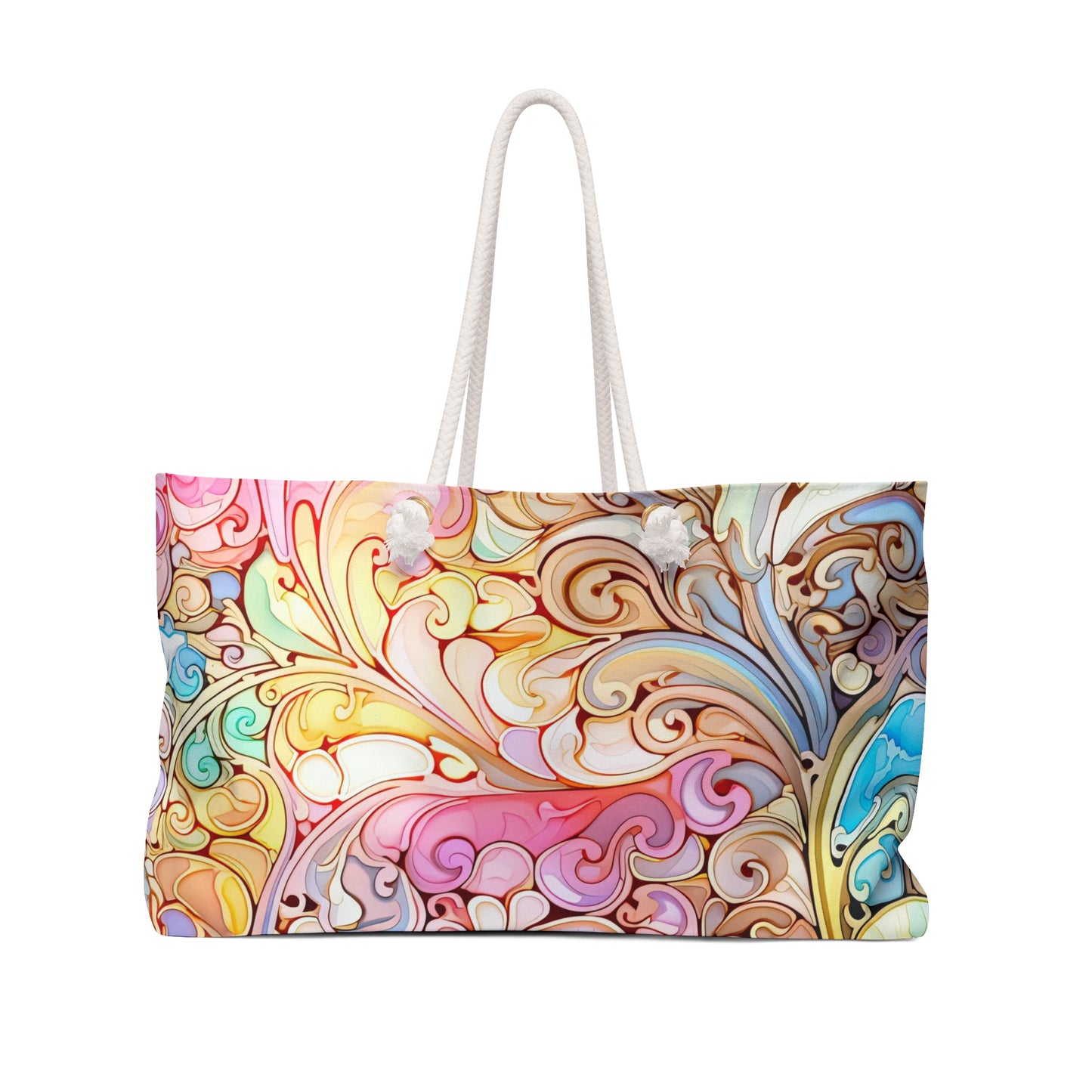 The Rainbow Paisley Stained Glass Oversized Tote Bag showcases a vibrant abstract pattern with pink, yellow, blue, and brown swirls. Featuring white rope handles and bohemian flair, its a stylish and eye-catching accessory.