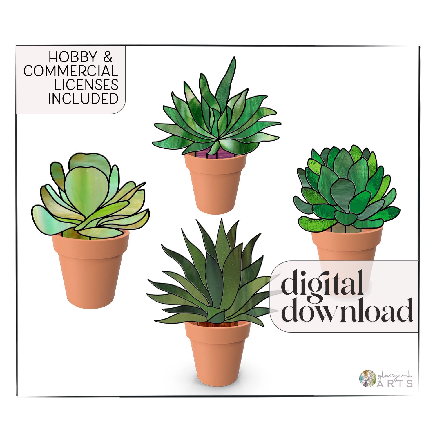 The Stained Glass Succulent Stems Pattern Pack of 4 displays illustrations of succulent stem patterns in terracotta pots. Text includes Hobby & Commercial Licenses Included and digital download, all in stylized fonts.