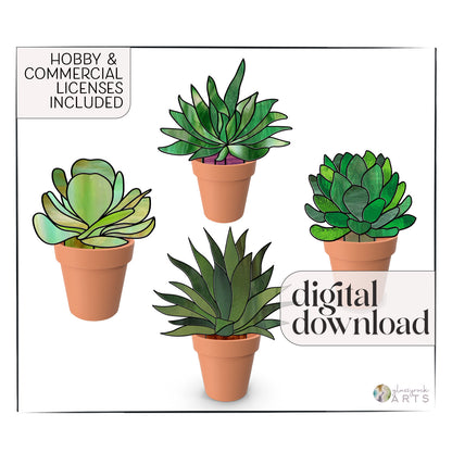 The Stained Glass Succulent Stems Pattern Pack of 4 displays illustrations of succulent stem patterns in terracotta pots. Text includes Hobby & Commercial Licenses Included and digital download, all in stylized fonts.