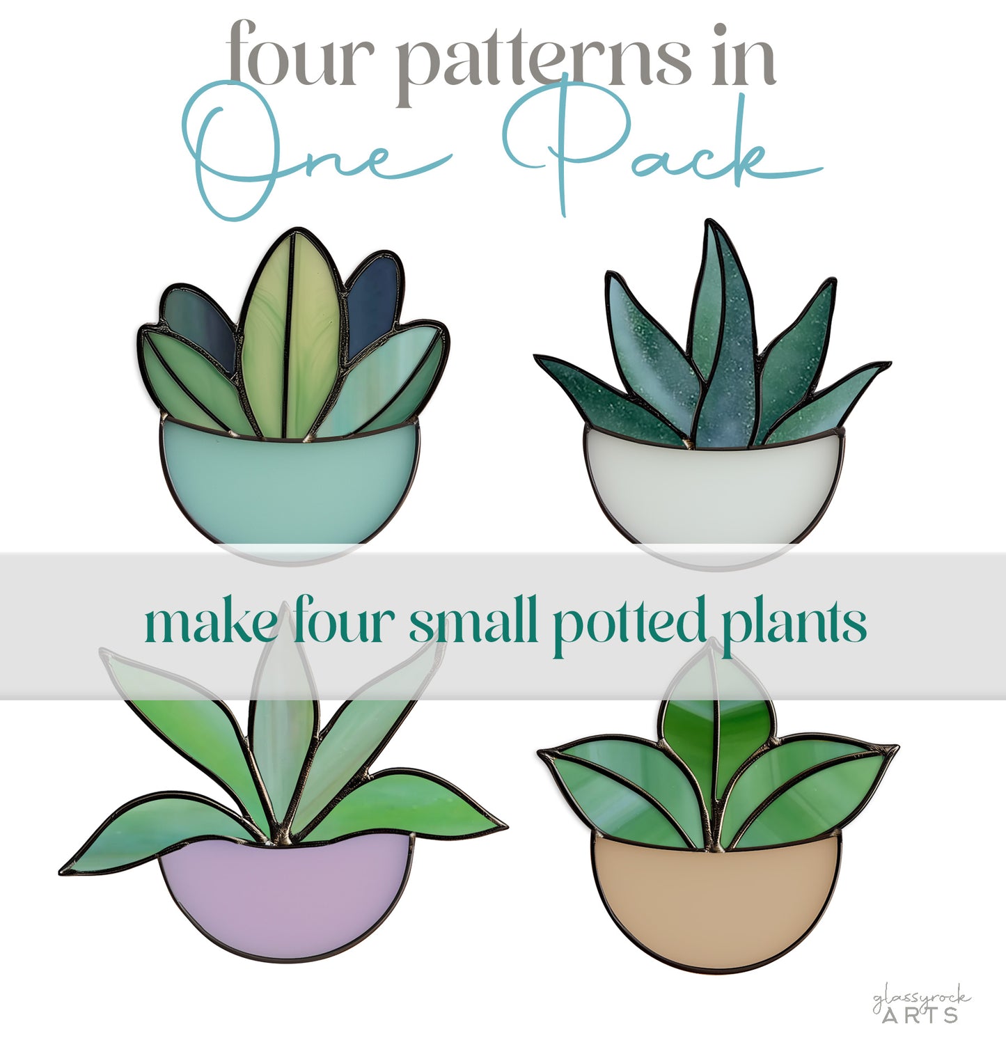 Potted Plant Ornaments Stained Glass Patterns, 4-Pack