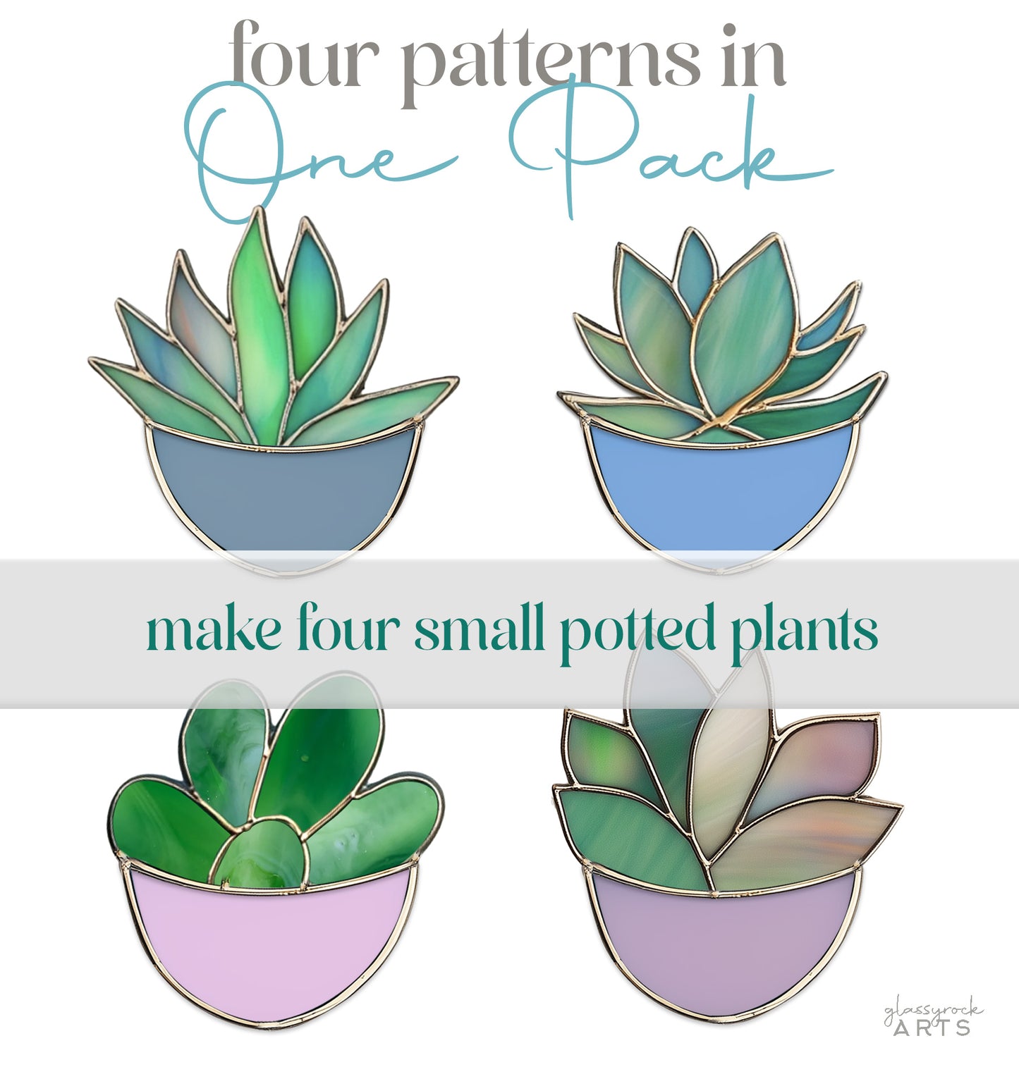 Succulent Ornaments Stained Glass Patterns, 4-Pack