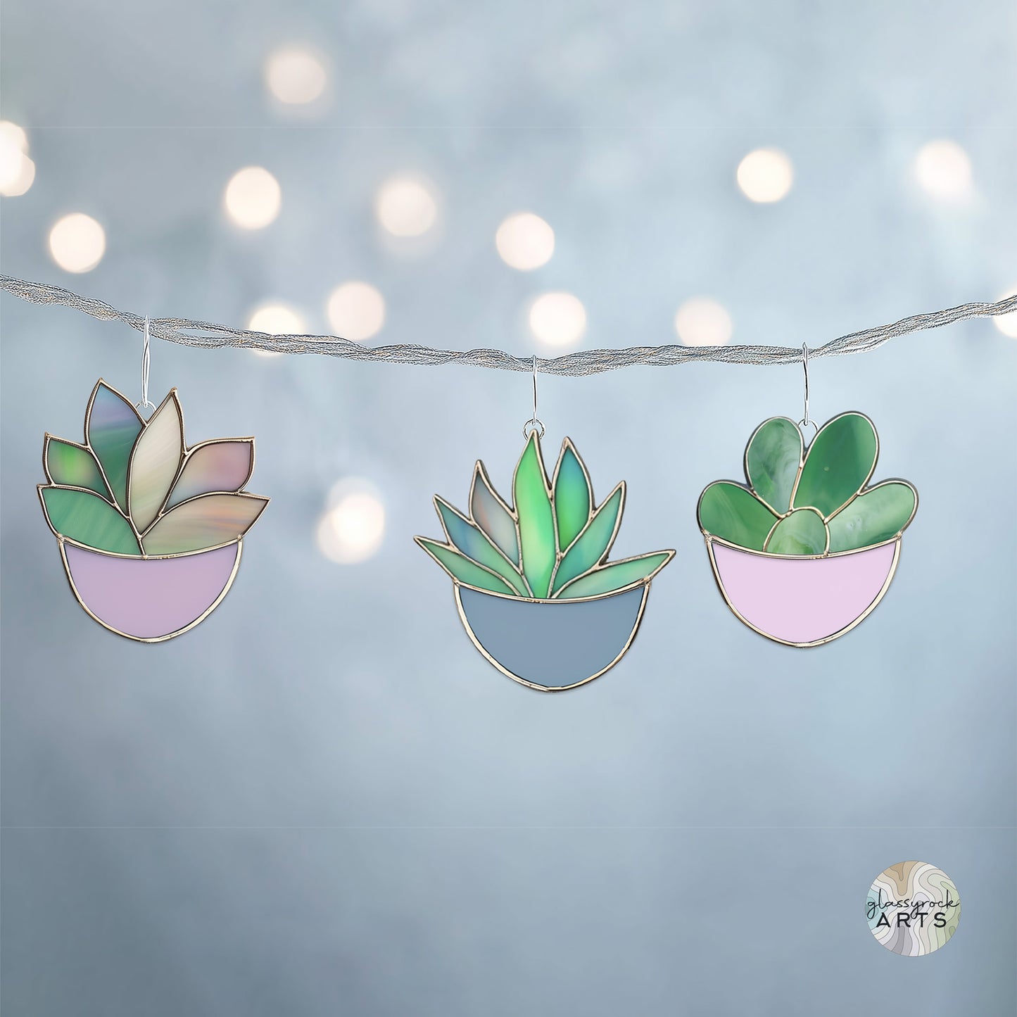 Succulent Ornaments Stained Glass Patterns, 4-Pack