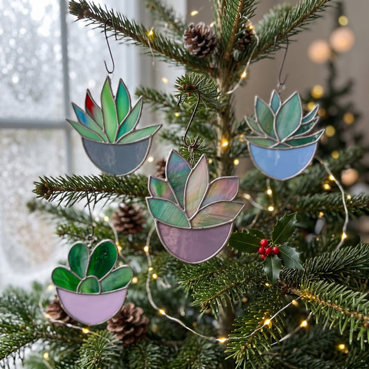 Succulent Ornaments Stained Glass Patterns, 4-Pack, PDF & PNG