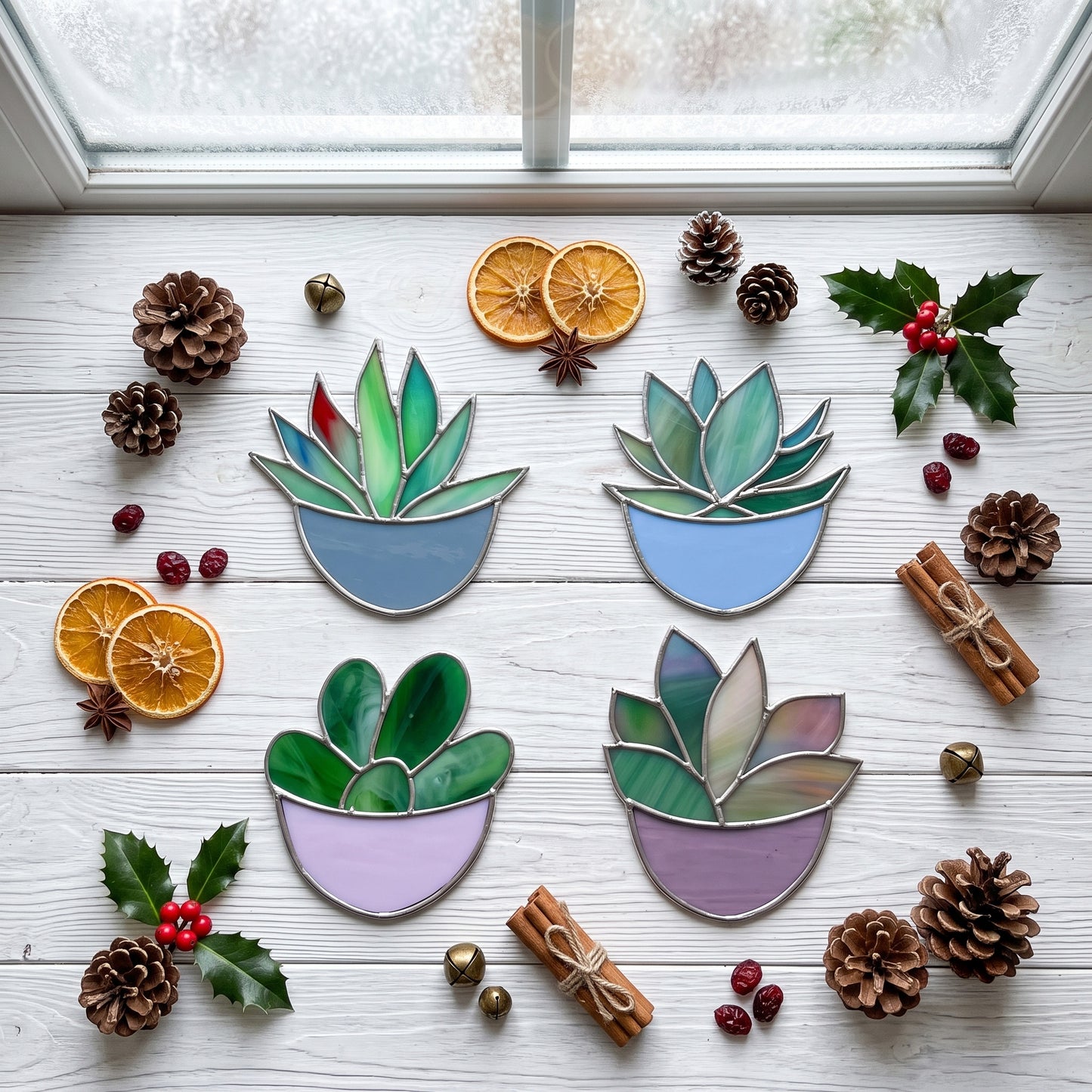 Succulent Ornaments Stained Glass Patterns, 4-Pack, PDF & PNG