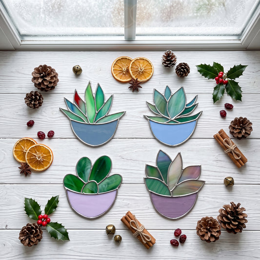 Succulent Ornaments Stained Glass Patterns, 4-Pack, PDF & PNG