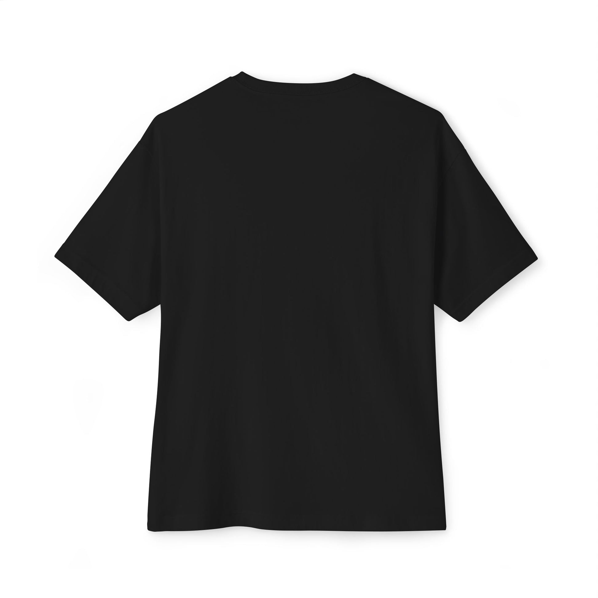 A plain black Stained Glass Sunflower Oversized Tee Shirt viewed from the back. The T-shirt has a crew neck and a simple design without any visible logos or graphics, embodying the minimalist ethos of sustainable clothing.