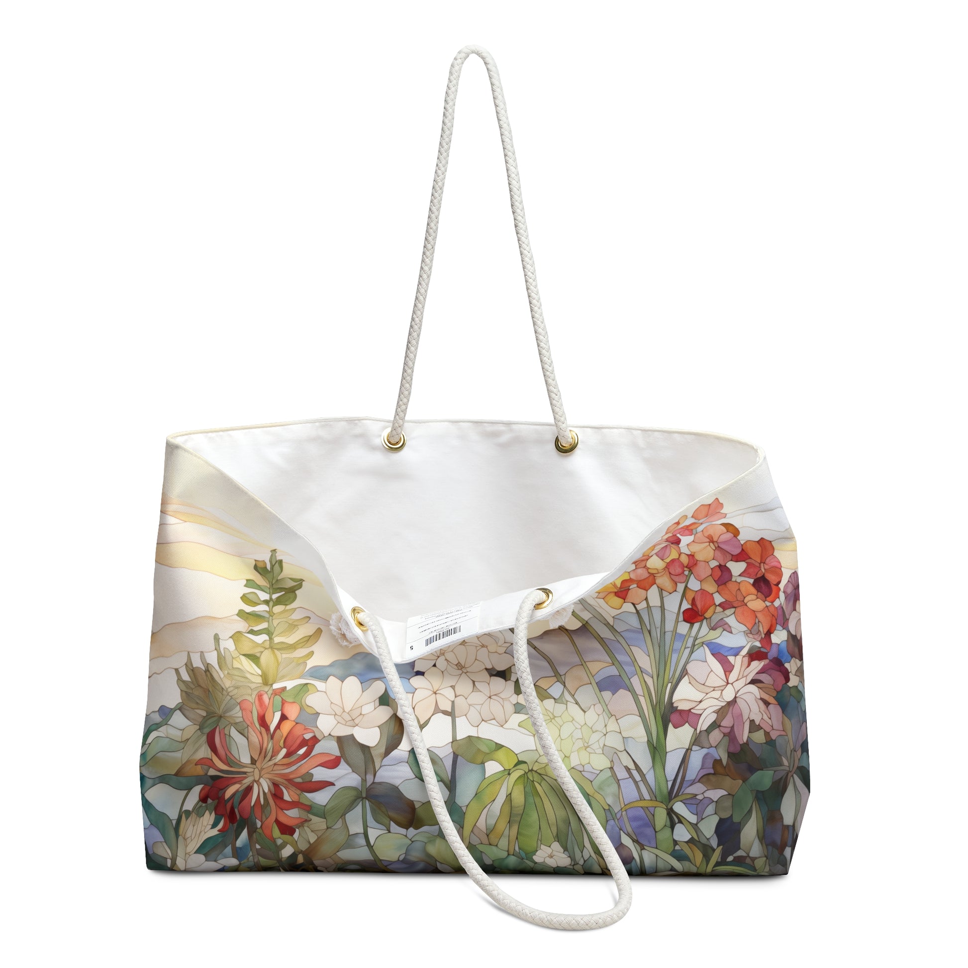 An image of the Stained Glass Wildflowers Oversized Tote Bag,white rope handles, by GlassyRock Arts