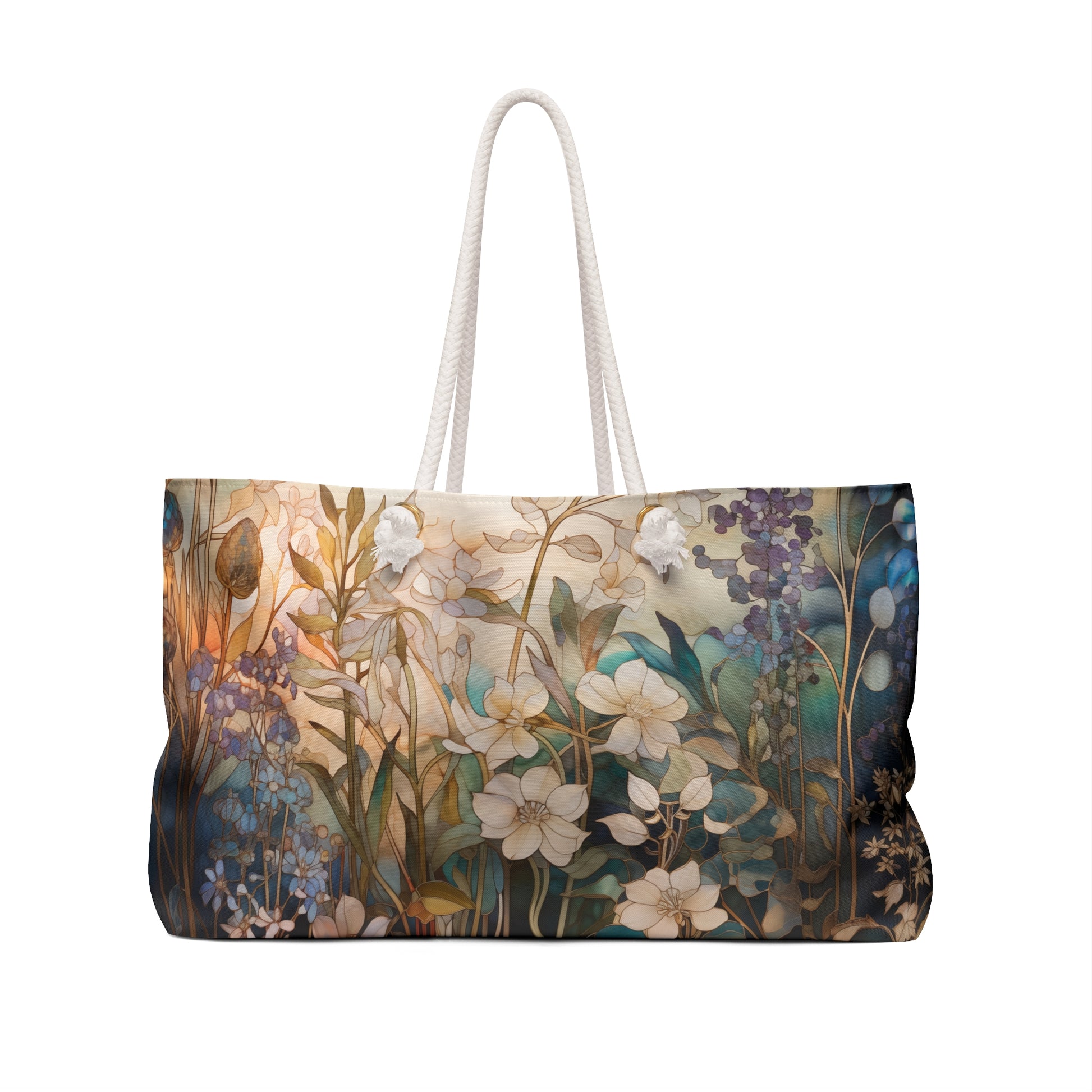 An image of the Stained Glass Midnight Flowers Oversized Tote Bag, Navy Blue,white rope handles, by GlassyRock Arts