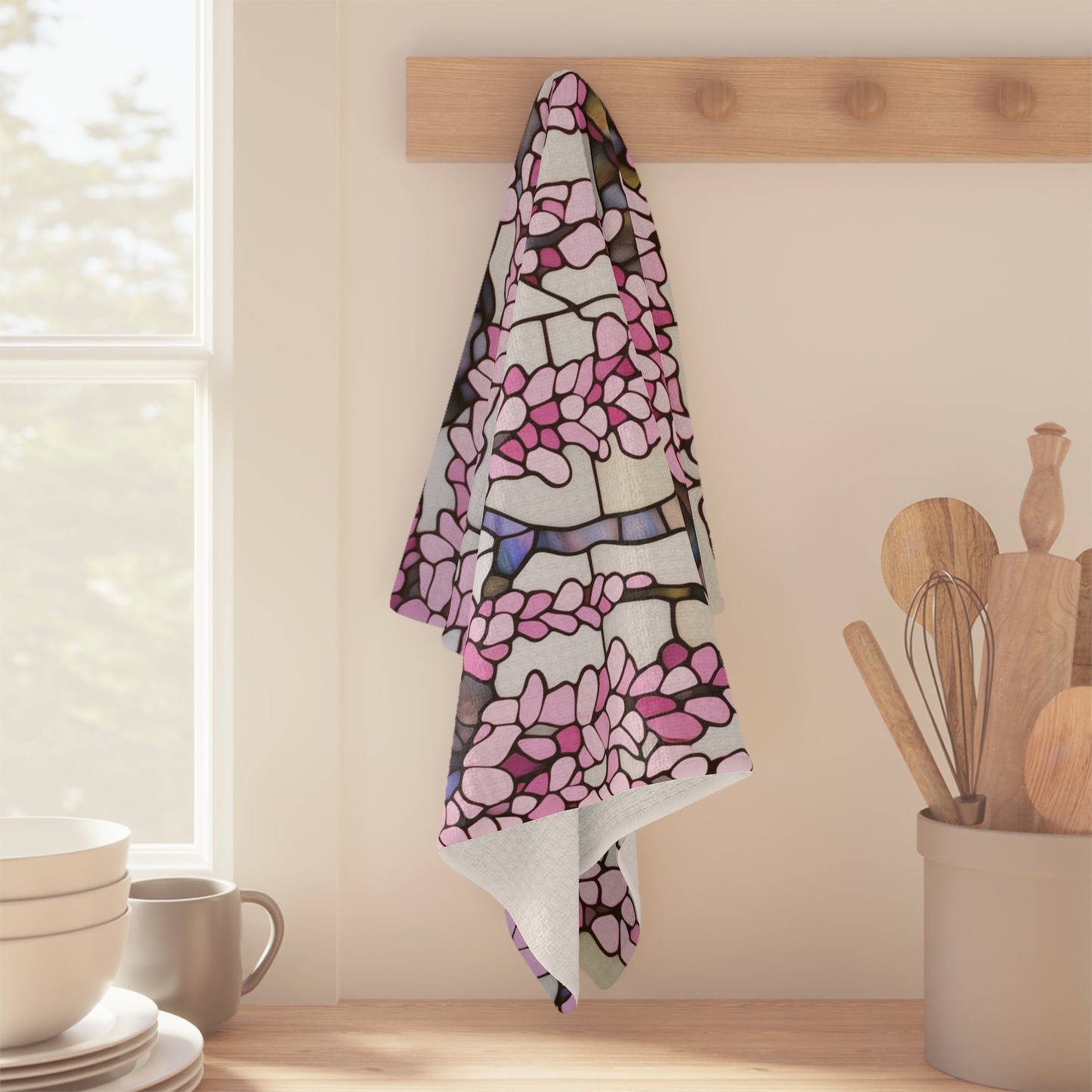 Stained Glass Pink Wisteria Tea Towel - 16x25" Soft Waffle Towel