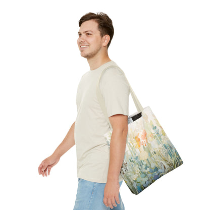 A person in a light gray t-shirt and blue jeans smiles while walking, carrying a Stained Glass Pastel Flowers Tote Bag featuring colorful blue and orange flowers on a white background, made from durable polyester.