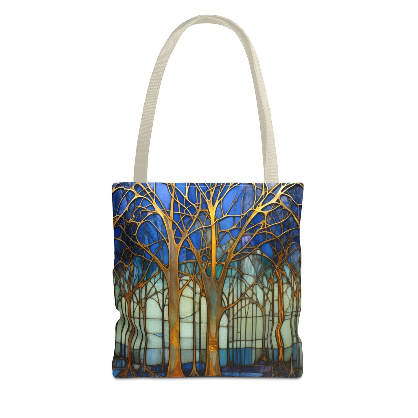 Stained Glass Blue Forest Tote Bag with beige straps features a vibrant forest design with gold trees against a blue and white background. This stylish and sturdy tote bag is perfect for your daily errands and comes in three different sizes.