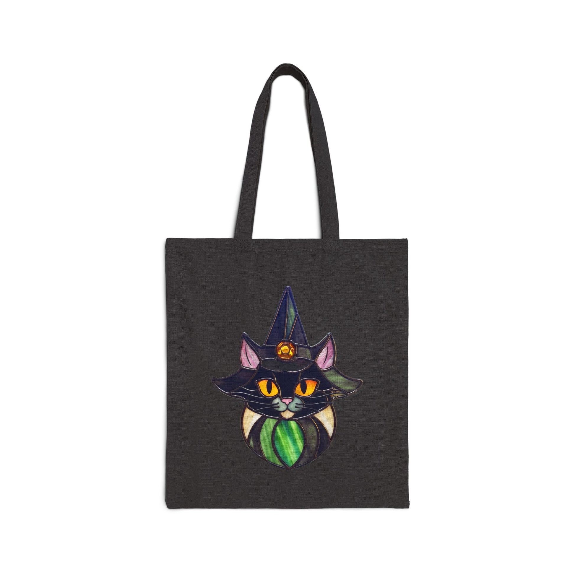 Stained Glass Cat Witch Cotton Canvas Tote Bag, featuring a colorful cat wearing a witch's hat design, crafted from eco-friendly cotton canvas.