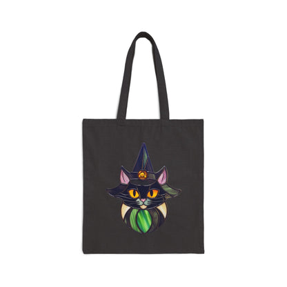 Stained Glass Cat Witch Cotton Canvas Tote Bag, featuring a colorful cat wearing a witch's hat design, crafted from eco-friendly cotton canvas.