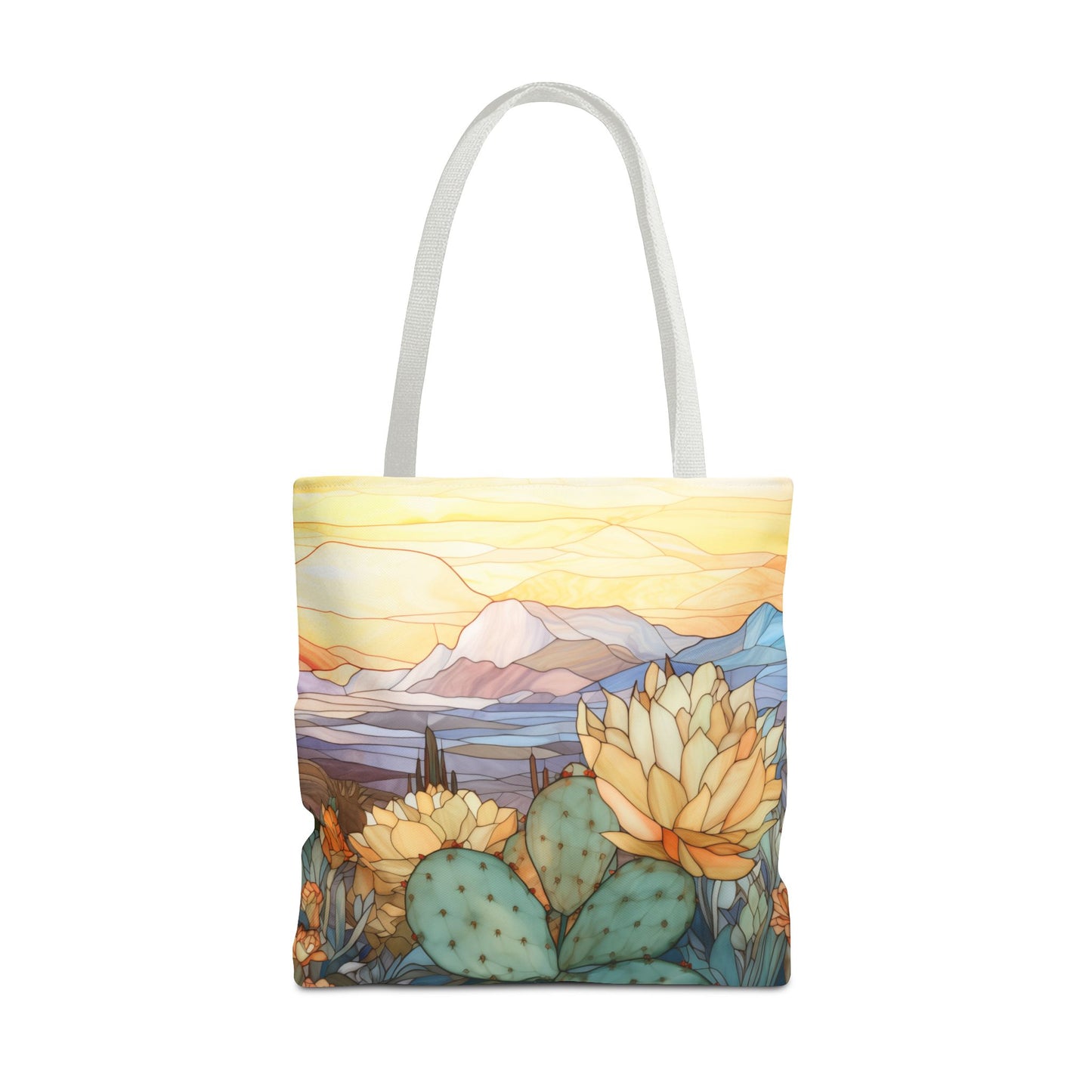 The Stained Glass Desert Cactus Tote Bag, crafted from durable polyester, showcases a nature-themed design with a botanical desert illustration of a landscape with succulents and cactus.