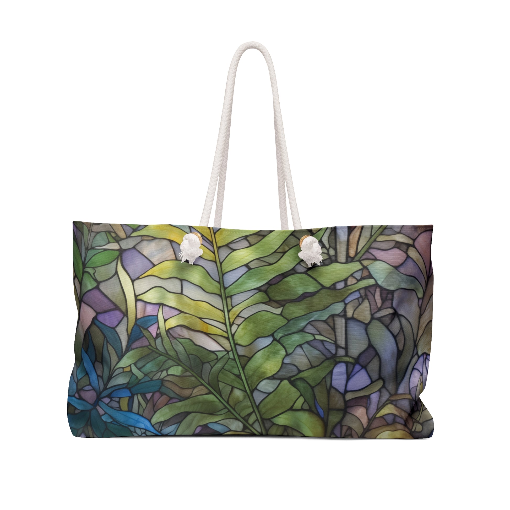 A picture of the Stained Glass Ferns Weekender Oversized Tote Bag from GlassyRock Arts. 