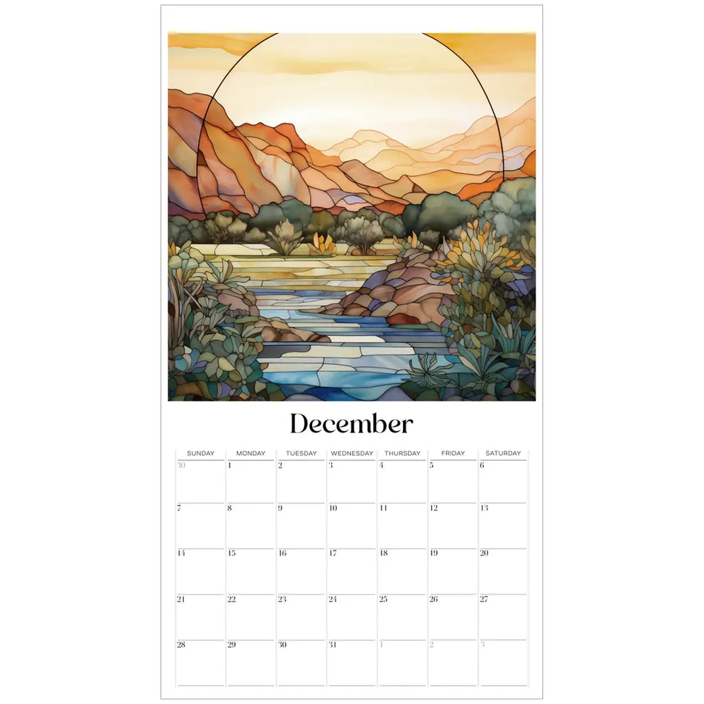 A stained glass-style illustration for December in the 2025 Desert Landscapes Large Wall Calendar shows a river amidst mountains and trees under a warm sky, echoing the elegance of succulent art themes.