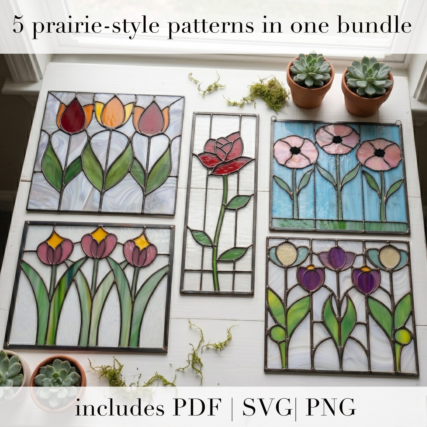 Prairie Flowers Stained Glass Pattern Bundle with PNG & SVG