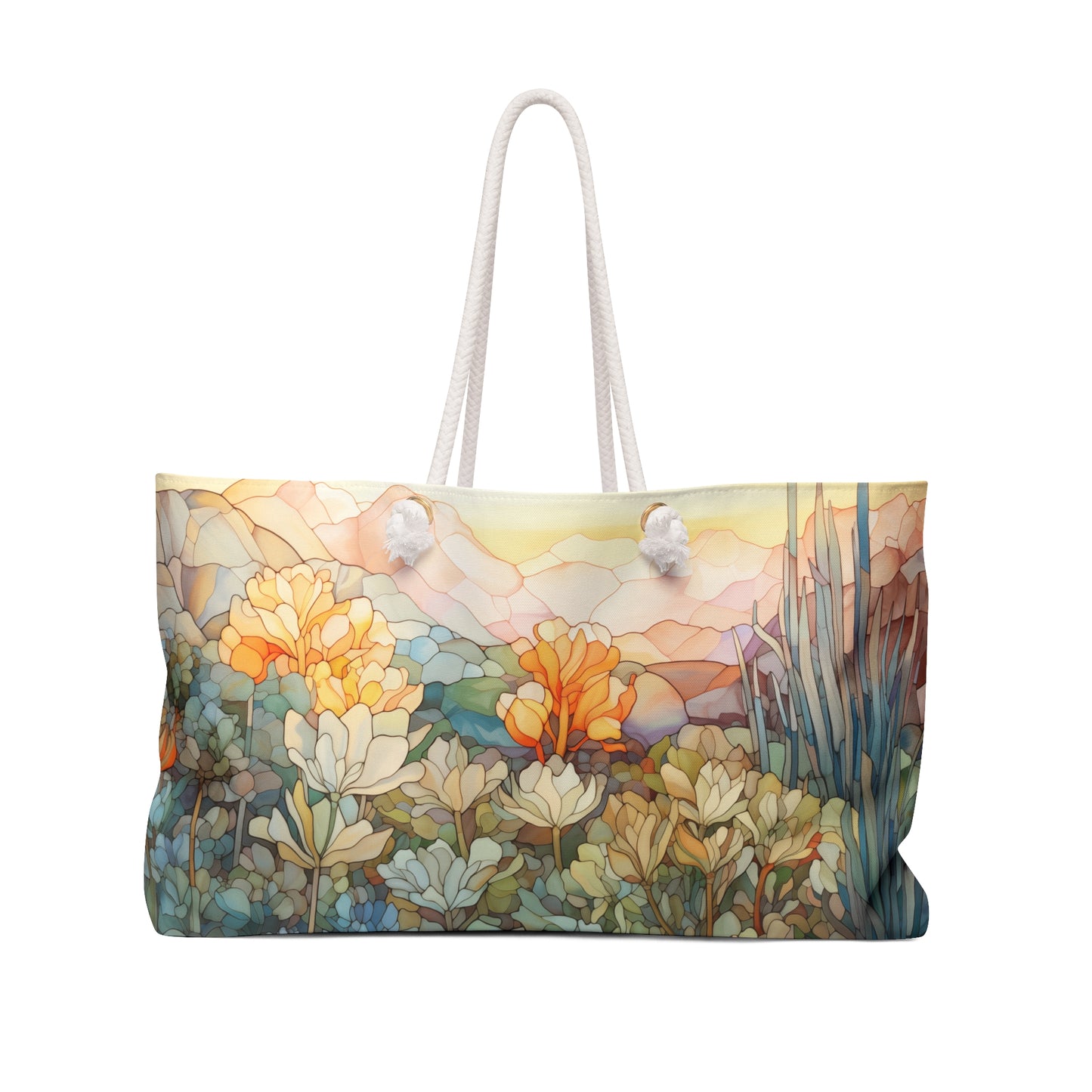 Discover the Stained Glass Desert Succulents Oversized Tote Bag, featuring an abstract nature design with warm orange, yellow, and green hues. It has two sturdy white rope handles for comfortable carrying.