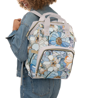 A picture of the Stained Glass Flowers Multi-Purpose Diaper Backpack from GlassyRock Arts. 