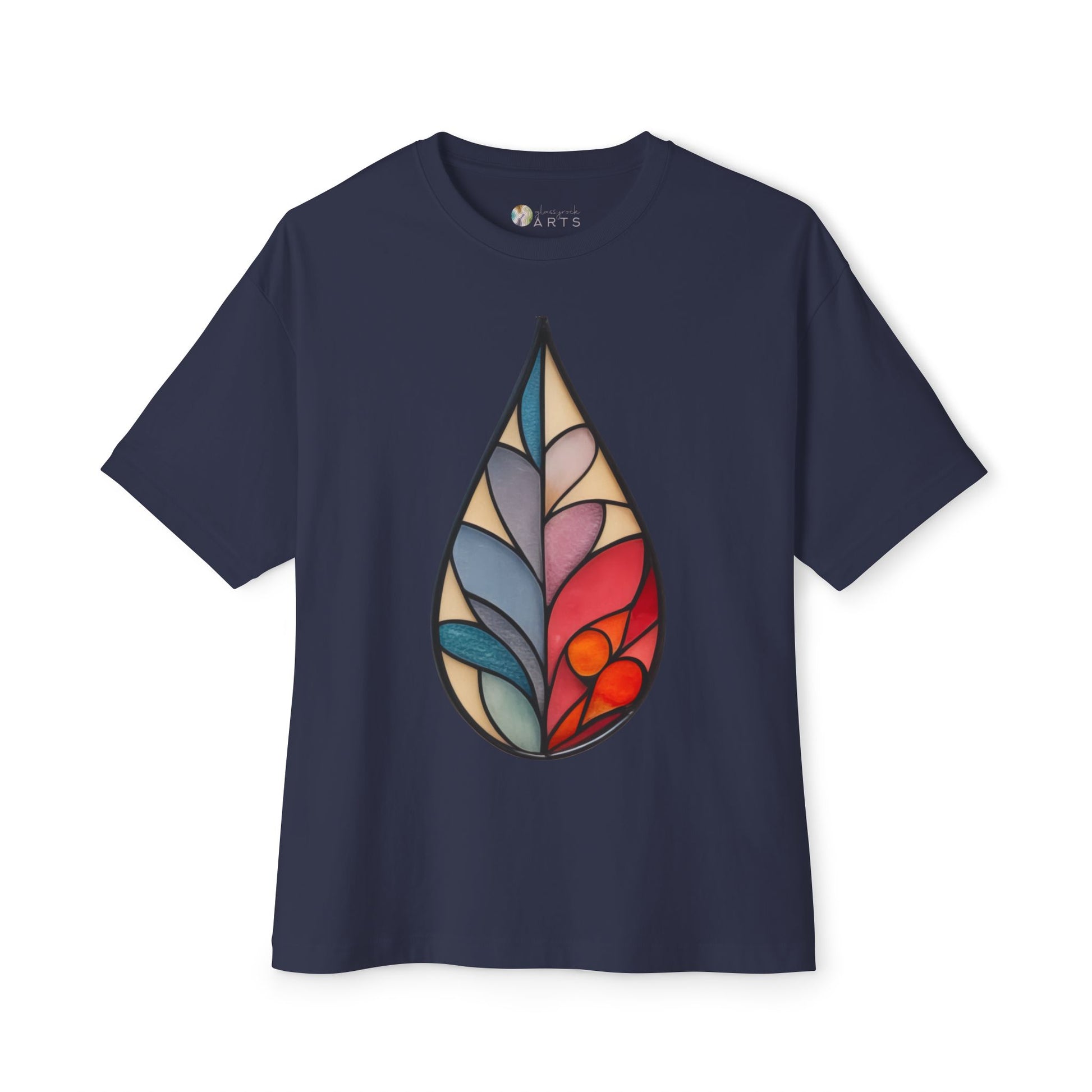 Navy blue Bella+Canvas unisex oversized tee featuring a large, colorful stained glass botanical raindrop design on the front center.