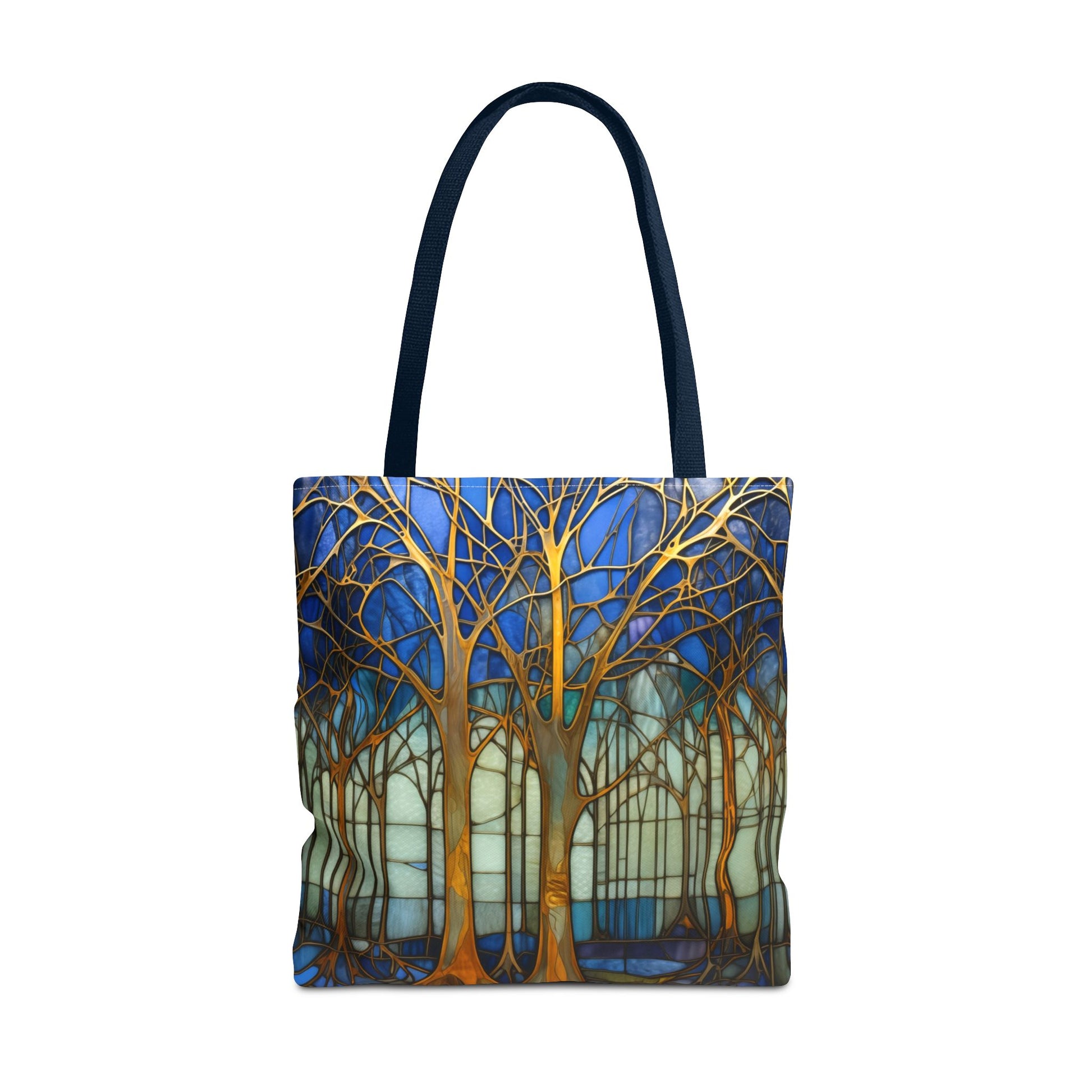 The Stained Glass Forest Tote Bag, Blue features an original design of tall golden-brown trees with bare branches against a blue and green backdrop. Crafted from durable polyester, it offers an intricate and elegant style thats beautiful and long-lasting. Available in 3 sizes.