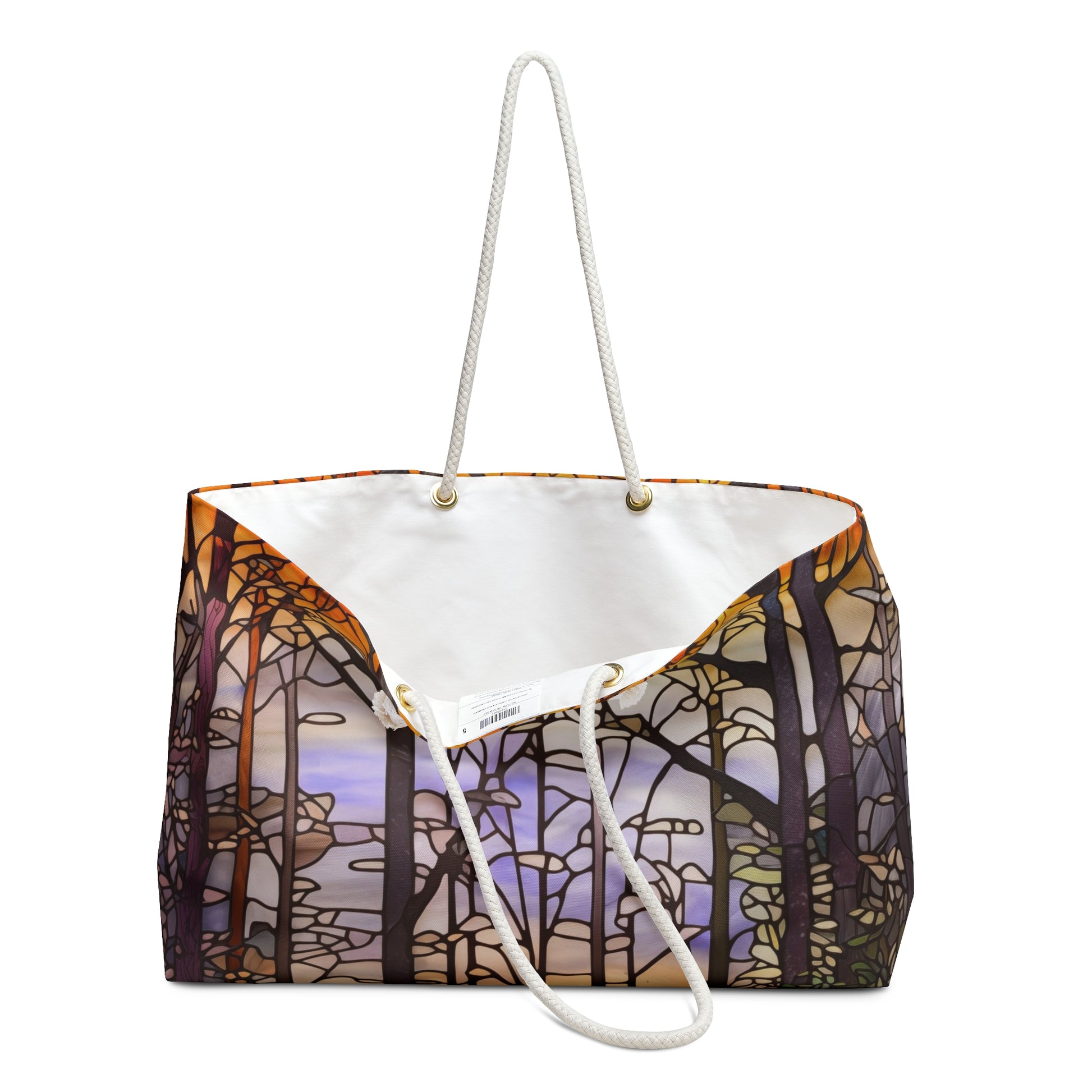 Introducing the Stained Glass Forest Oversized Tote Bag, featuring abstract tree patterns in autumn colors with white rope handles and a spacious, light-lined interior—ideal for nature enthusiasts.