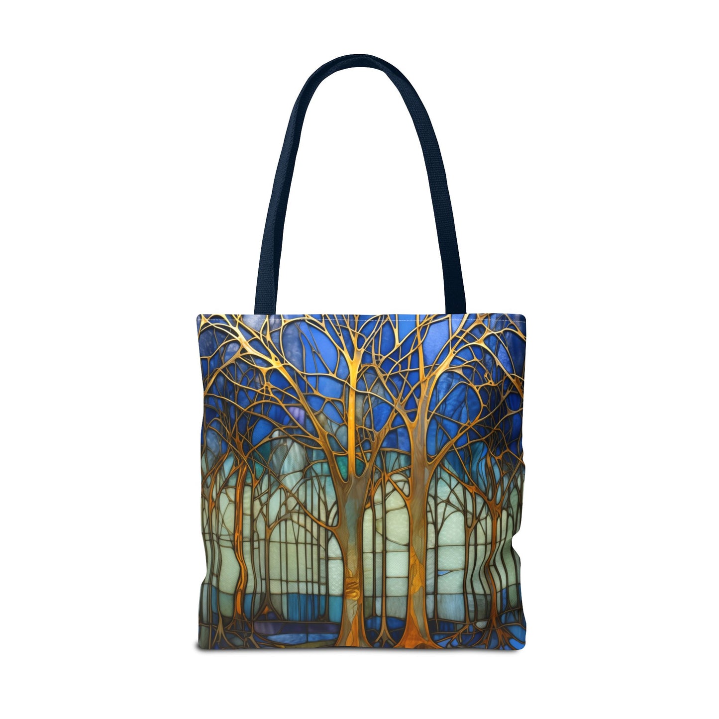 The Stained Glass Forest Tote Bag, available in blue and three sizes, features a durable polyester design with artistic trees and golden branches against a gradient blue-green background, mimicking a stained glass masterpiece.