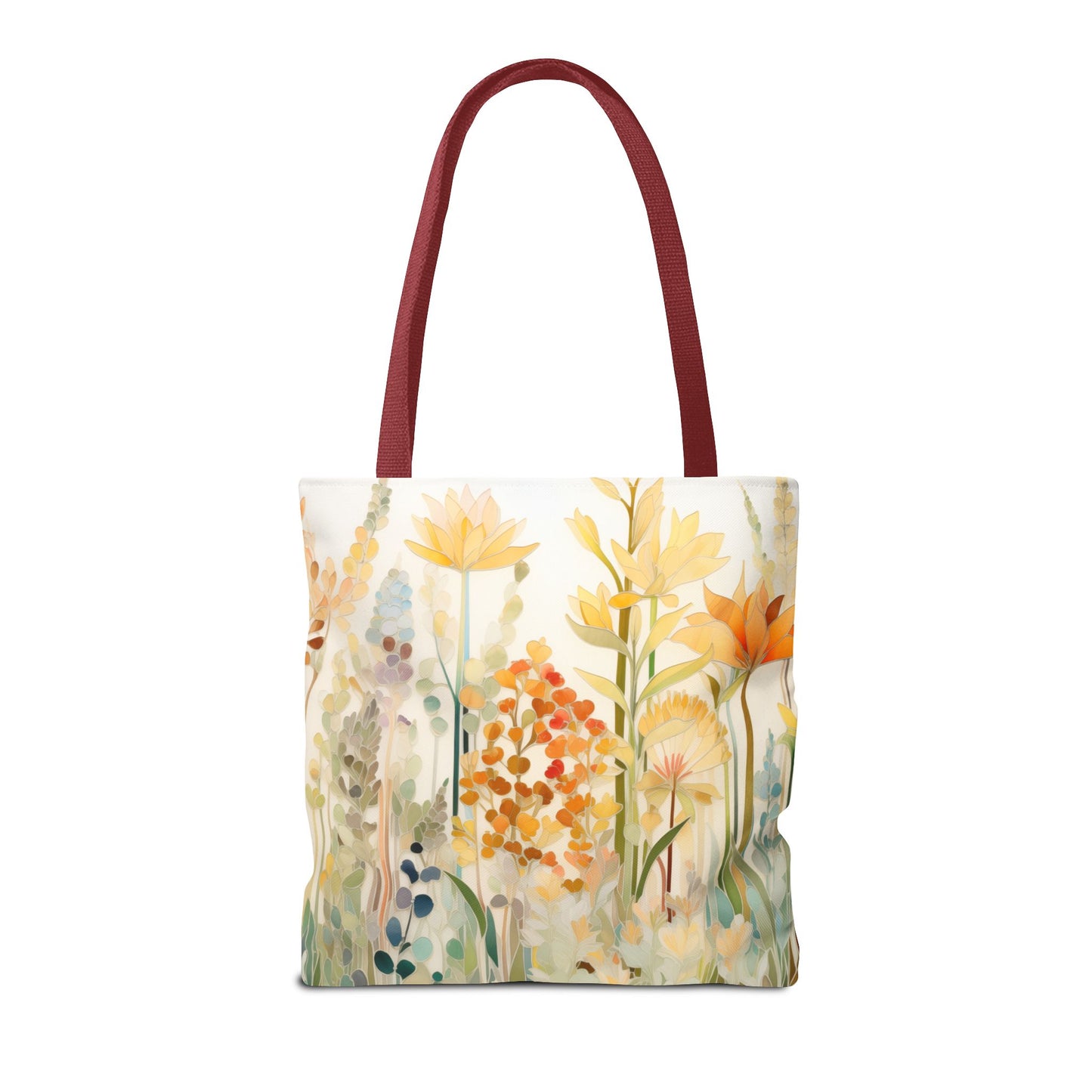 The Stained Glass Fall Flowers Tote Bag, available in 3 sizes, features a design of various colorful flowers with black handles and is crafted from durable polyester materials.