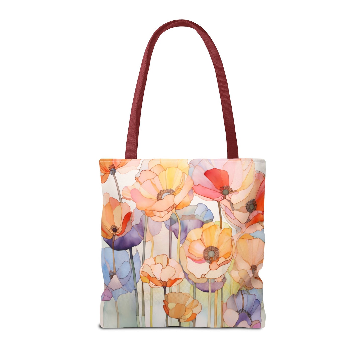 Stained Glass Poppy Flowers Tote Bag with red straps features a vibrant floral design of poppies in shades of orange, pink, purple, and yellow. Crafted from durable polyester, this stylish and sturdy tote bag is perfect for your daily errands and comes in three different sizes.