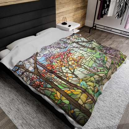 A picture of the Stained Glass Springtime Forest Velveteen Plush Blanket from GlassyRock Arts. 