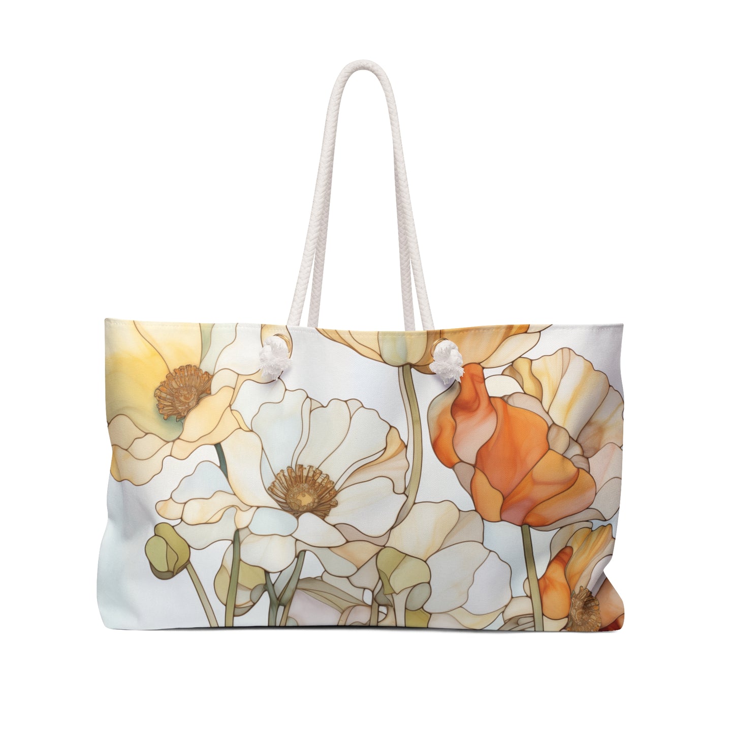 An image of the Stained Glass Poppy Flowers Oversized Tote Bag,white rope handles, by GlassyRock Arts