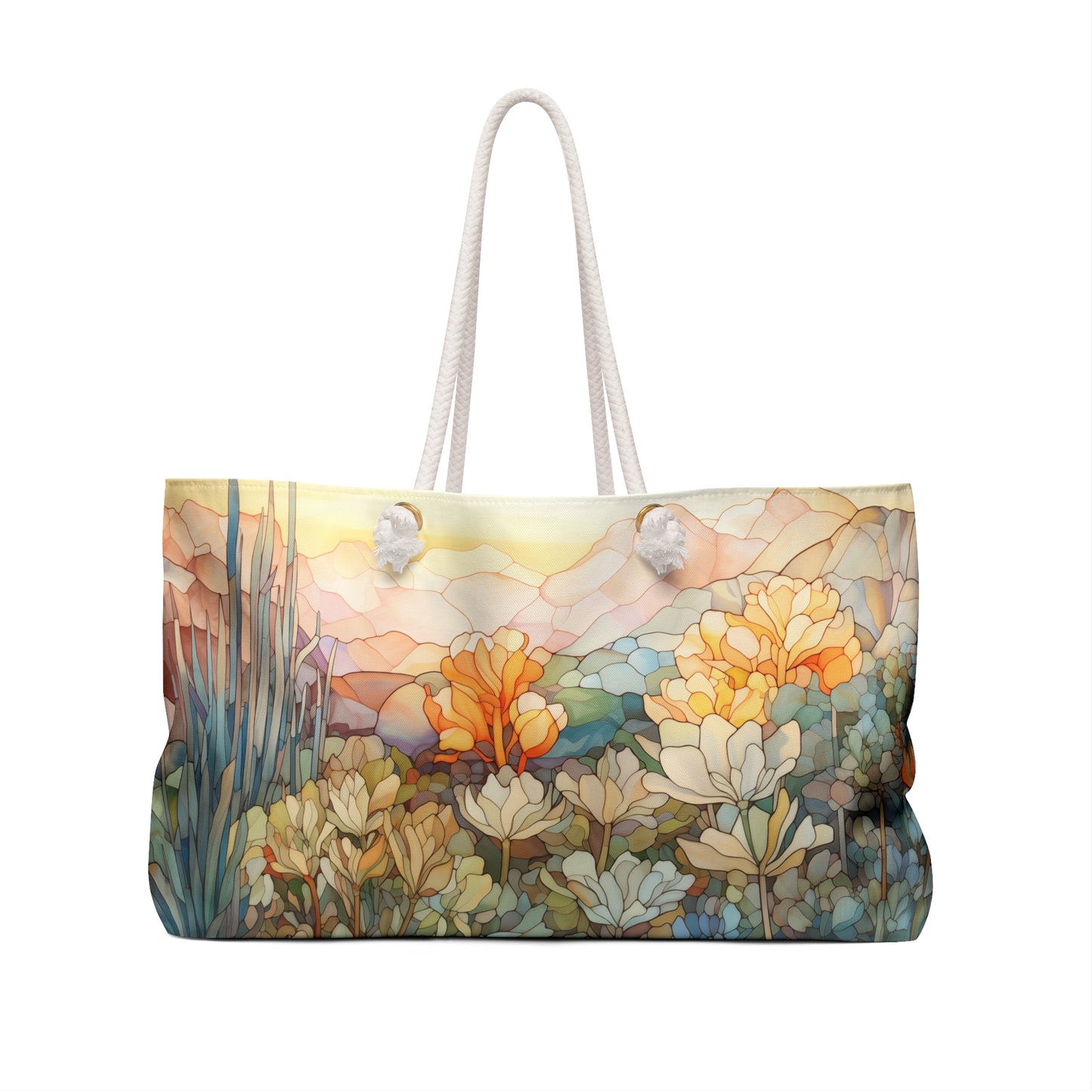 An image of the Stained Glass Desert Succulents Oversized Tote Bag,white rope handles, by GlassyRock Arts