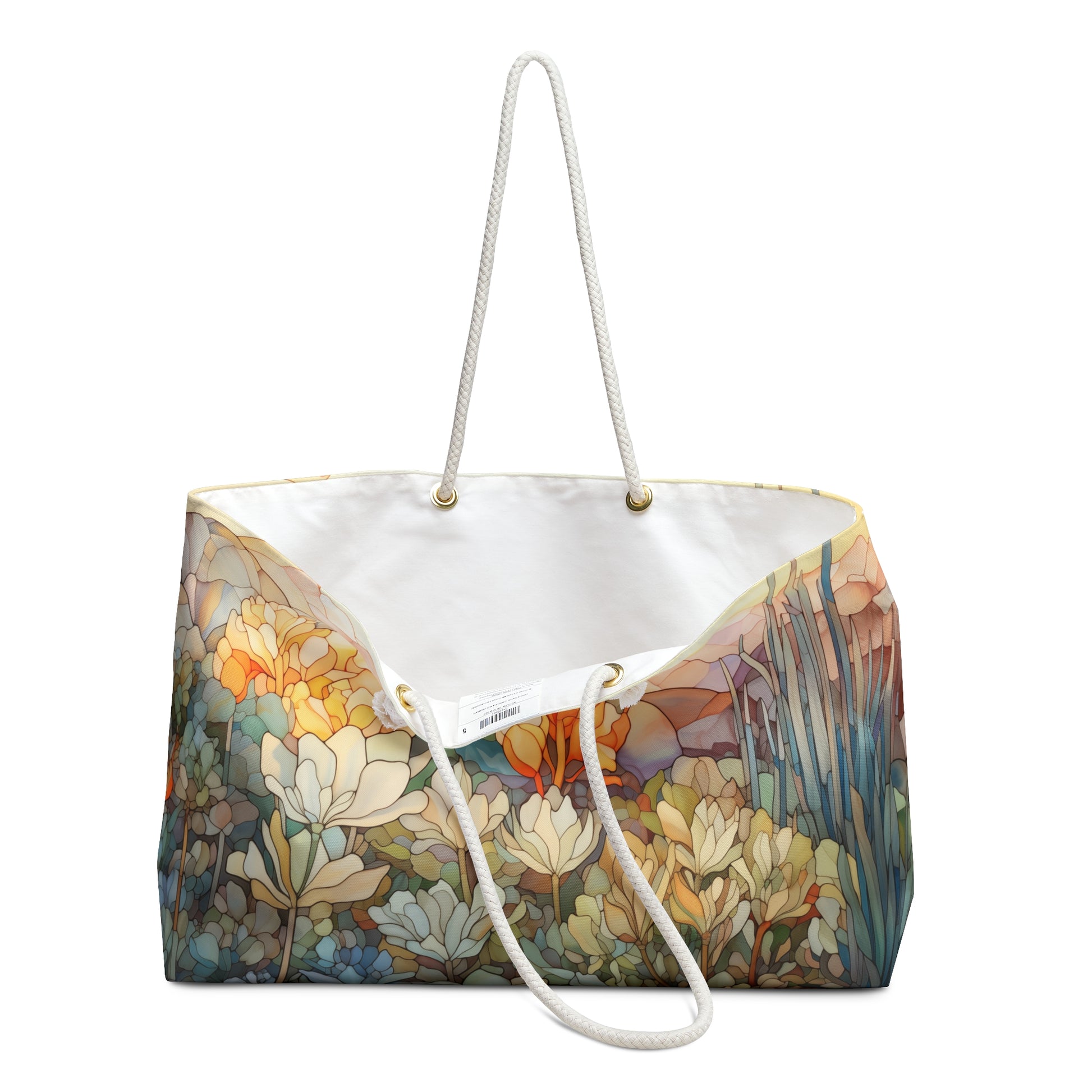 An image of the Stained Glass Desert Succulents Oversized Tote Bag,white rope handles, by GlassyRock Arts