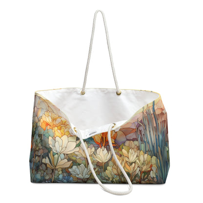 The Stained Glass Desert Succulents Oversized Tote Bag features a white interior, sturdy rope handles, and an exterior with a vivid abstract floral pattern in blue, orange, and beige hues.