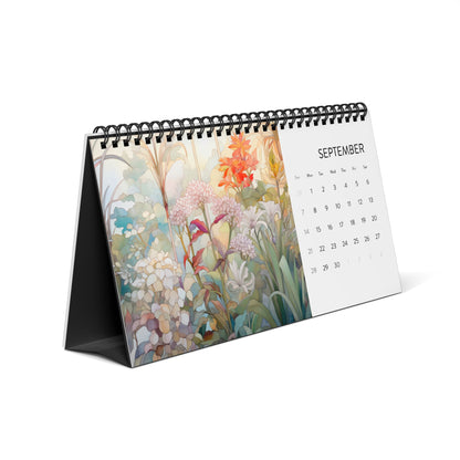 The 2025 Desk Calendar - Botanicals, open to September, showcases beautiful botanical floral illustrations alongside the month's dates, printed on high-quality paper stock.