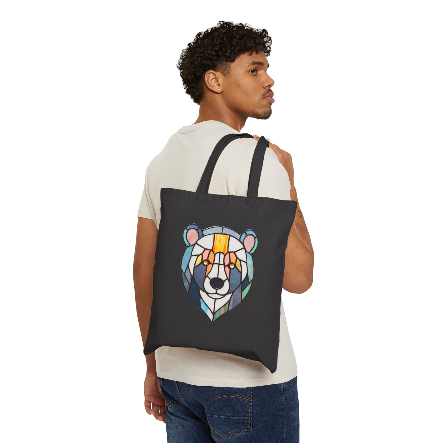 Stained Glass Patchwork Bear Cotton Canvas Tote Bag