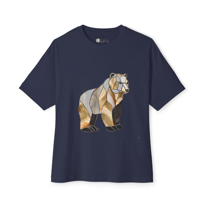 The Stained Glass Grizzly Bear Oversized Tee Shirt is a navy blue T-shirt showcasing a graphic of a bear designed with a stained glass effect on the front, crafted from sustainable materials and produced in compliance with Fair Labor Association standards.