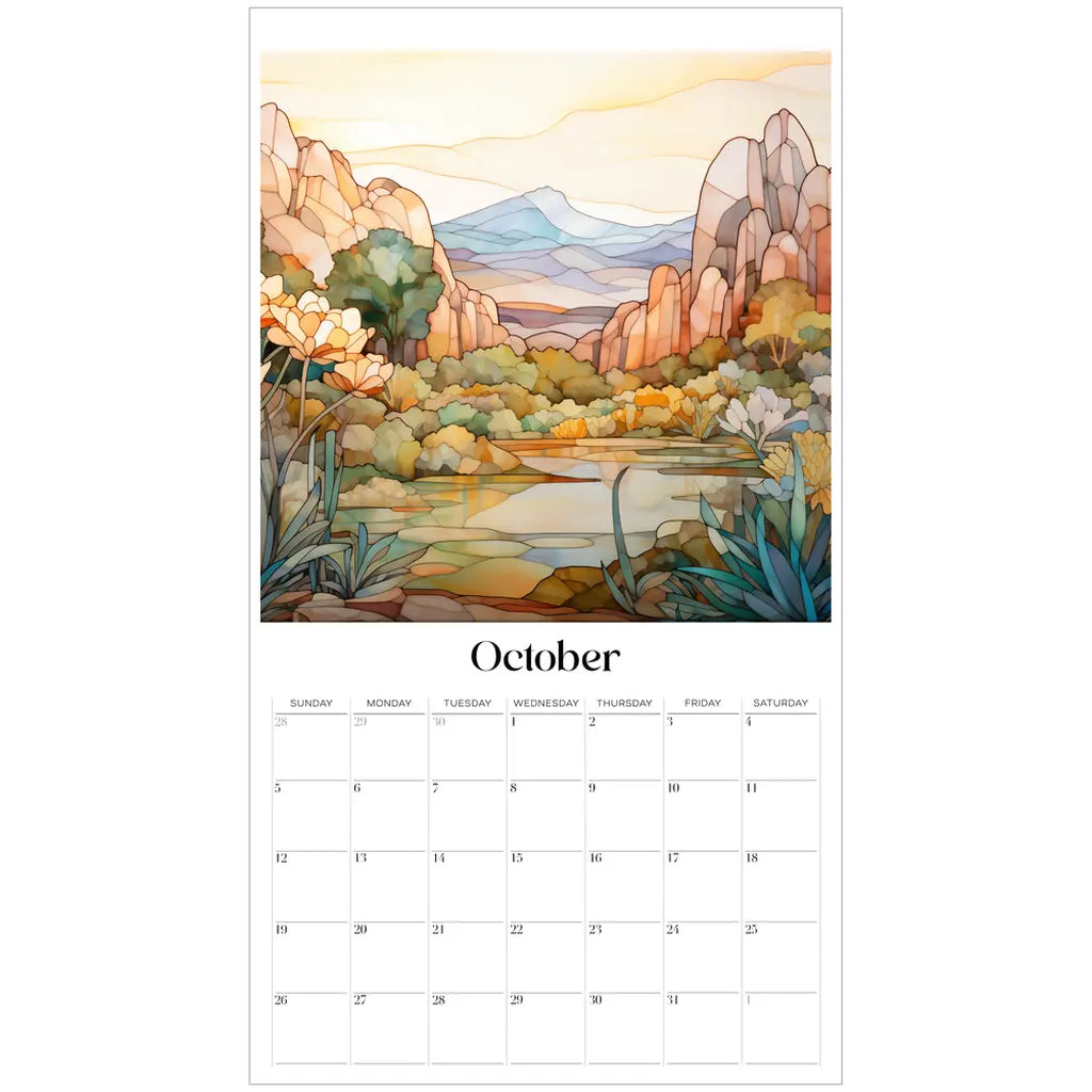 The 2025 Desert Landscapes Large Wall Calendar features an October page with a scenic view of mountains, trees, and a lake in vibrant orange and yellow tones. It includes the days of the month starting with Sunday below the artwork.