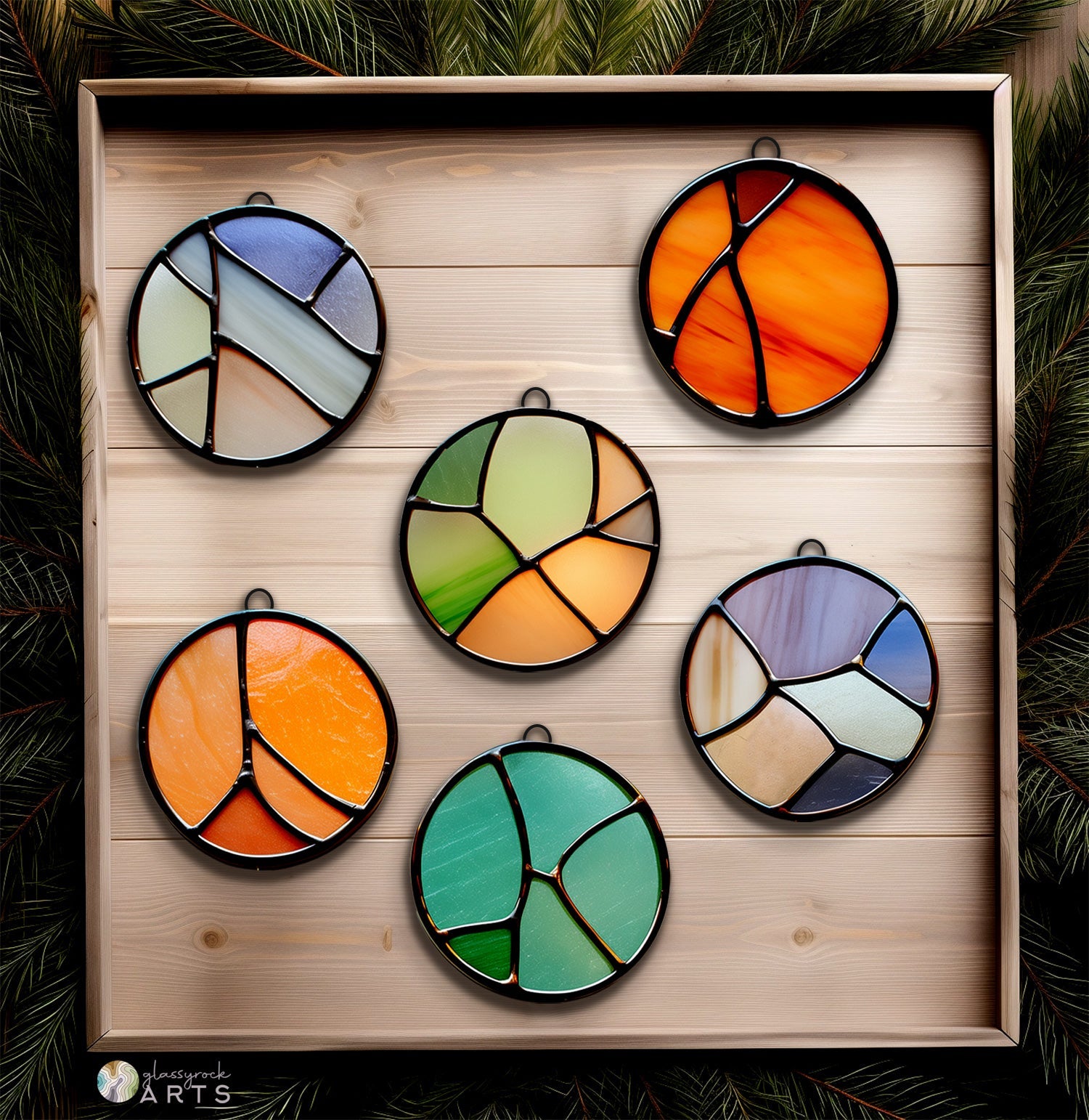 A picture of the Stained Glass Christmas Ornaments Pattern 10 Pack from GlassyRock Arts. 