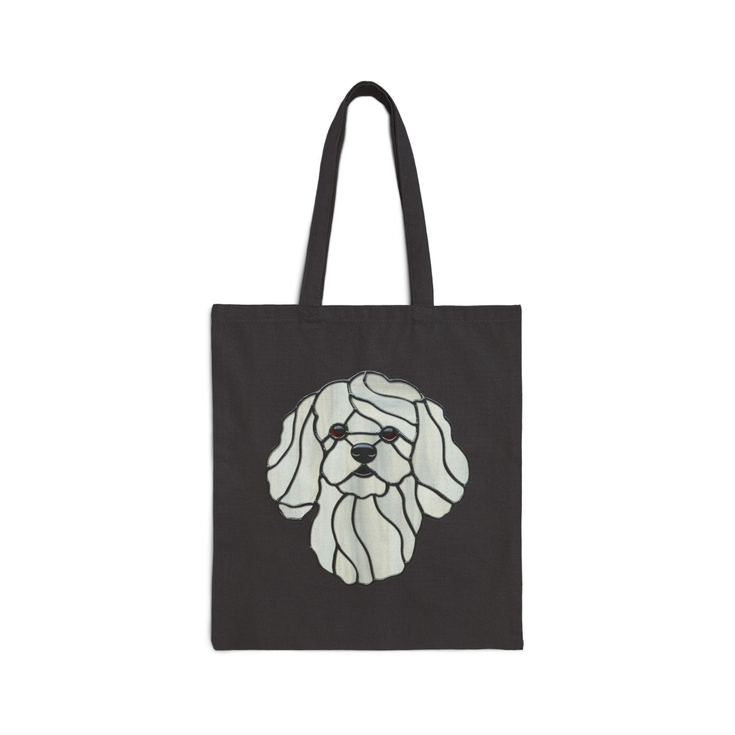 Introducing the Stained Glass Bichon Frise Cotton Canvas Tote Bag, a durable cotton canvas bag featuring a black tote design adorned with an abstract art depiction of a dog's face in white lines on the front.