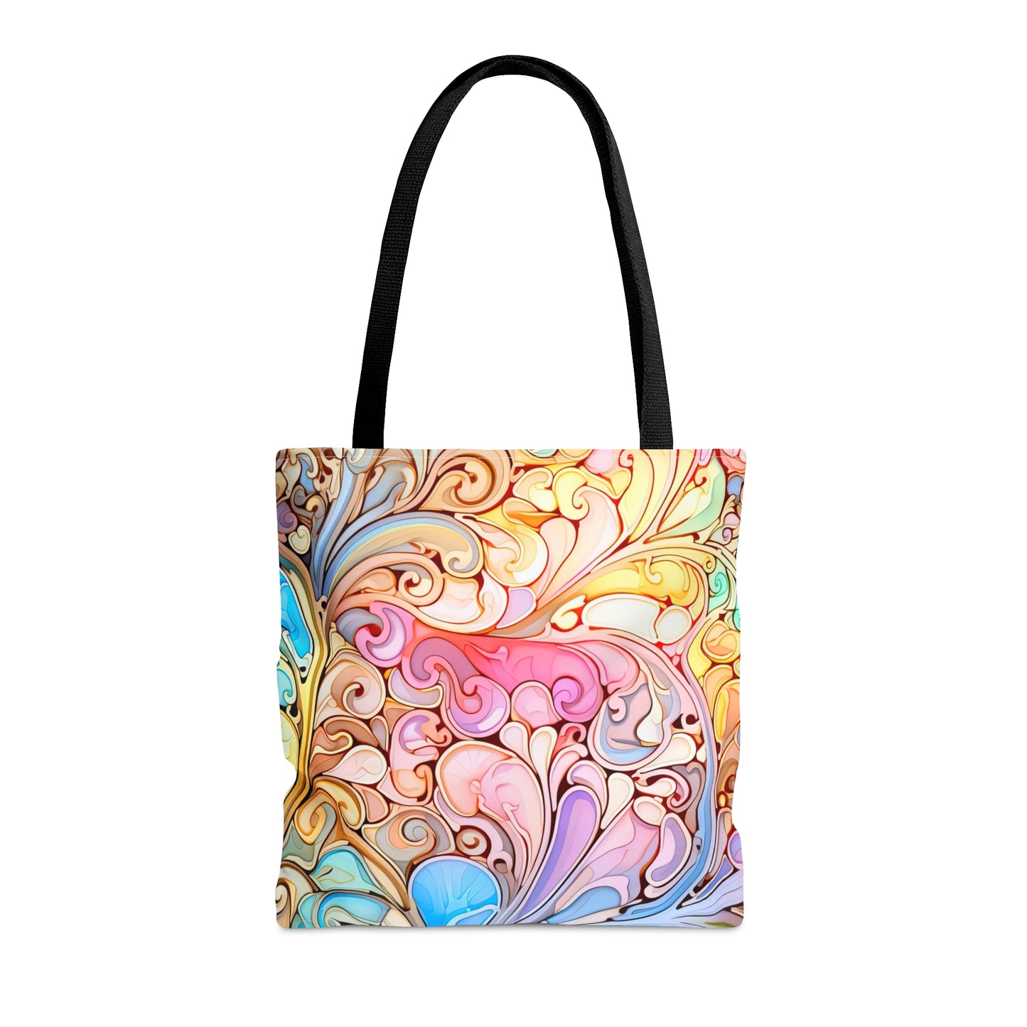 A vibrant Rainbow Paisley Stained Glass Tote Bag with black straps, showcasing an intricate swirled pattern in shades of pink, blue, yellow, and green—an ideal boho gift available in three sizes.