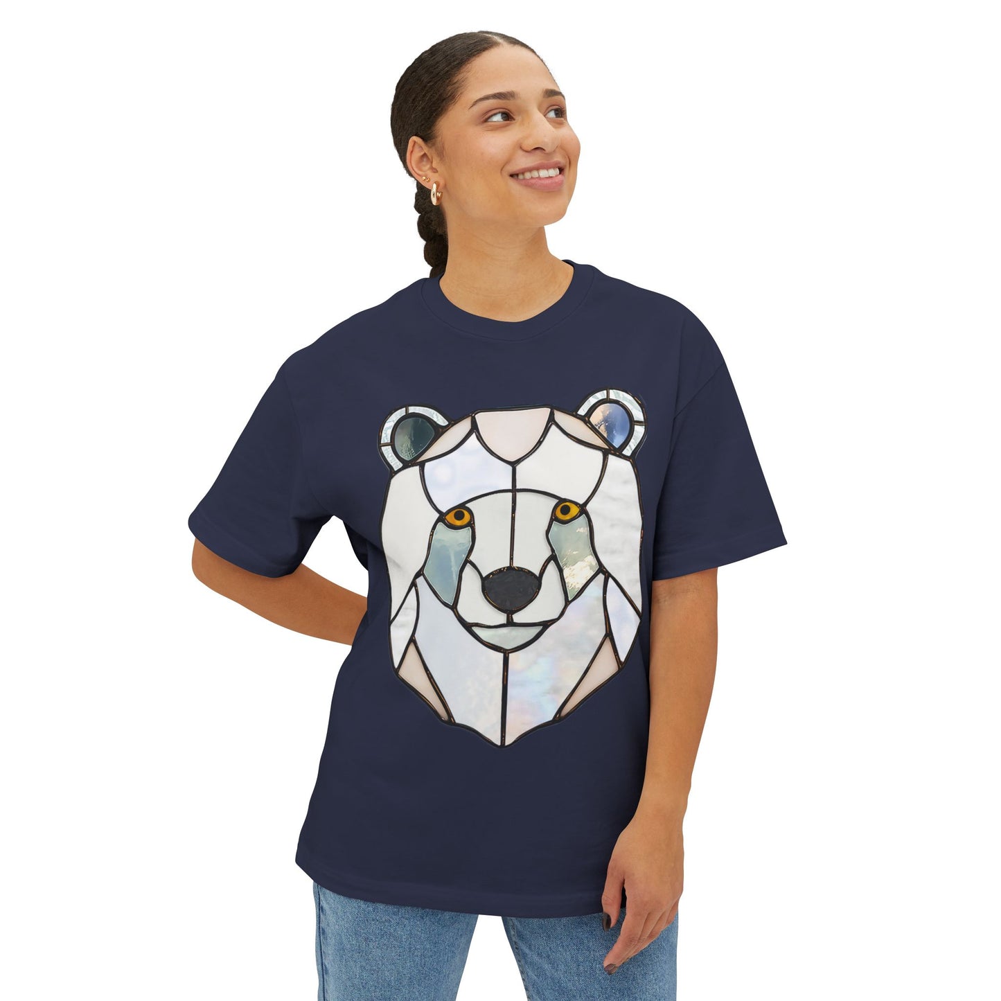 Person wearing a Stained Glass Polar Bear Oversized Tee Shirt, looking to the side and smiling.