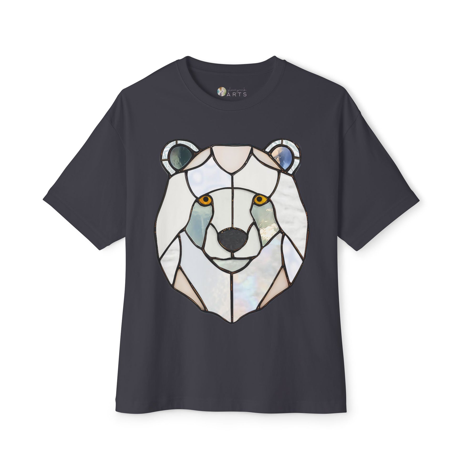 The Stained Glass Polar Bear Oversized Tee Shirt by Bella+Canvas, showcasing a unique stained glass-style bear face design on the front, is perfect for those who appreciate sustainable fashion.