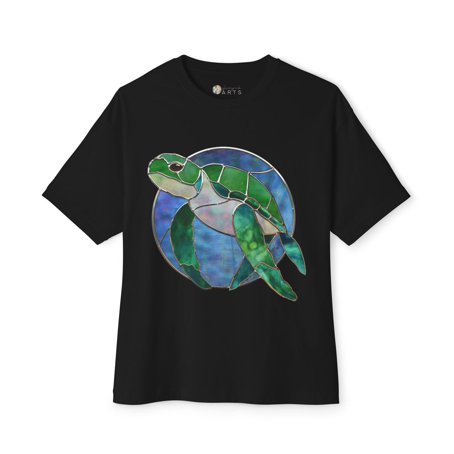 Black Stained Glass Turtle Oversized Tee Shirt featuring a colorful stained glass-style illustration of a sea turtle on the front, designed by Noelle Barnes.