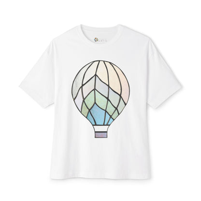 White oversized tee shirt from Bella+Canvas featuring a stained glass hot air balloon design on the front.