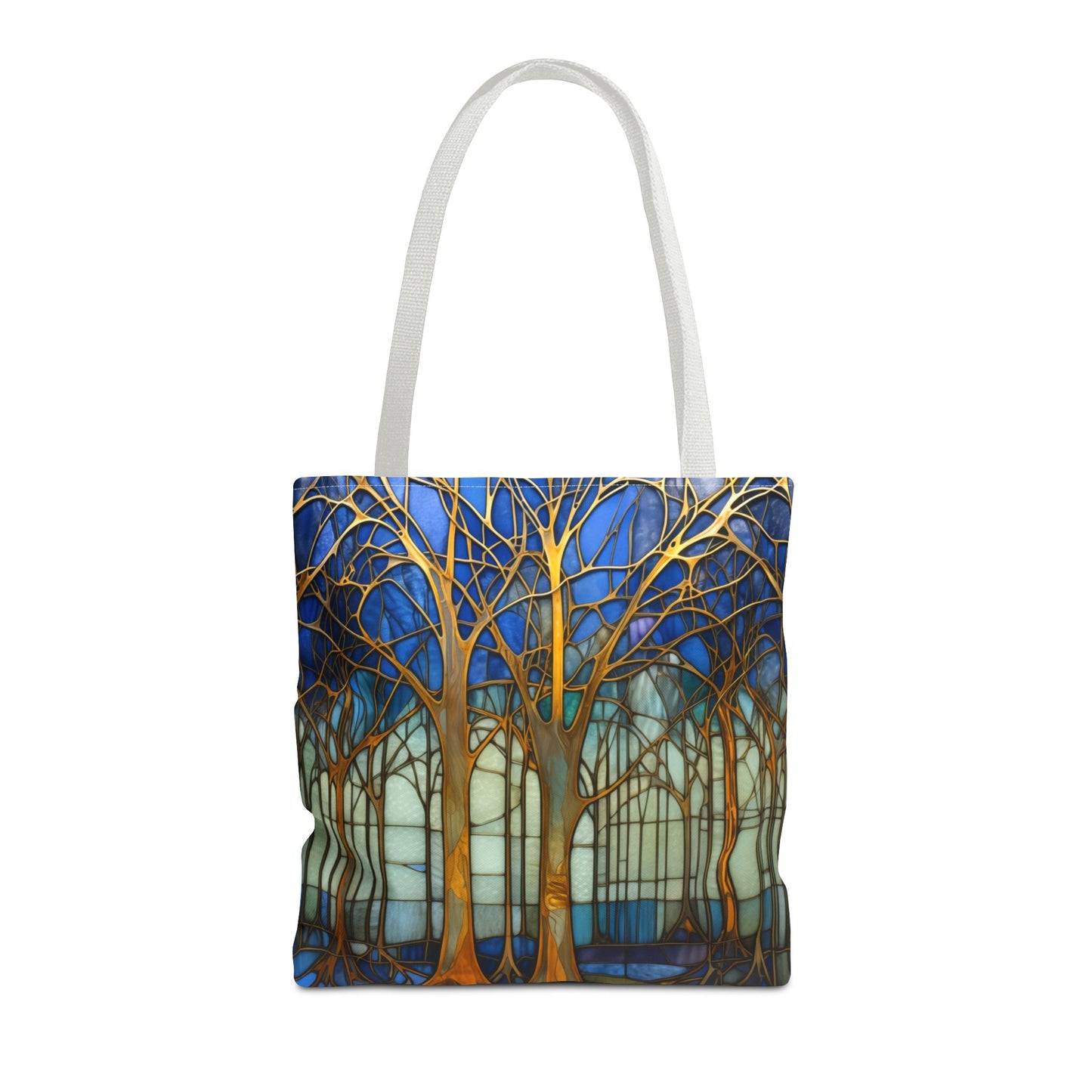 The Stained Glass Forest Tote Bag, in blue, flaunts an original tree design with gold branches on a blue-green backdrop. Made from durable polyester and featuring a sleek white handle, it merges style with everyday sturdiness. Available in three sizes.