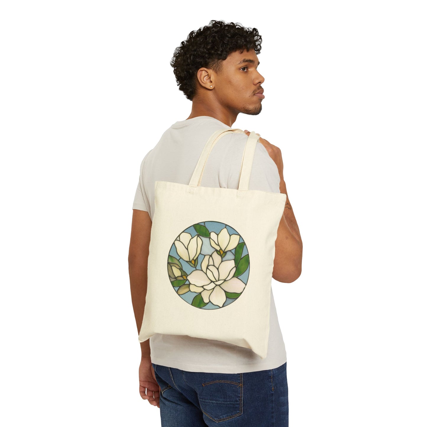 Stained Glass Magnolia Cotton Canvas Tote Bag