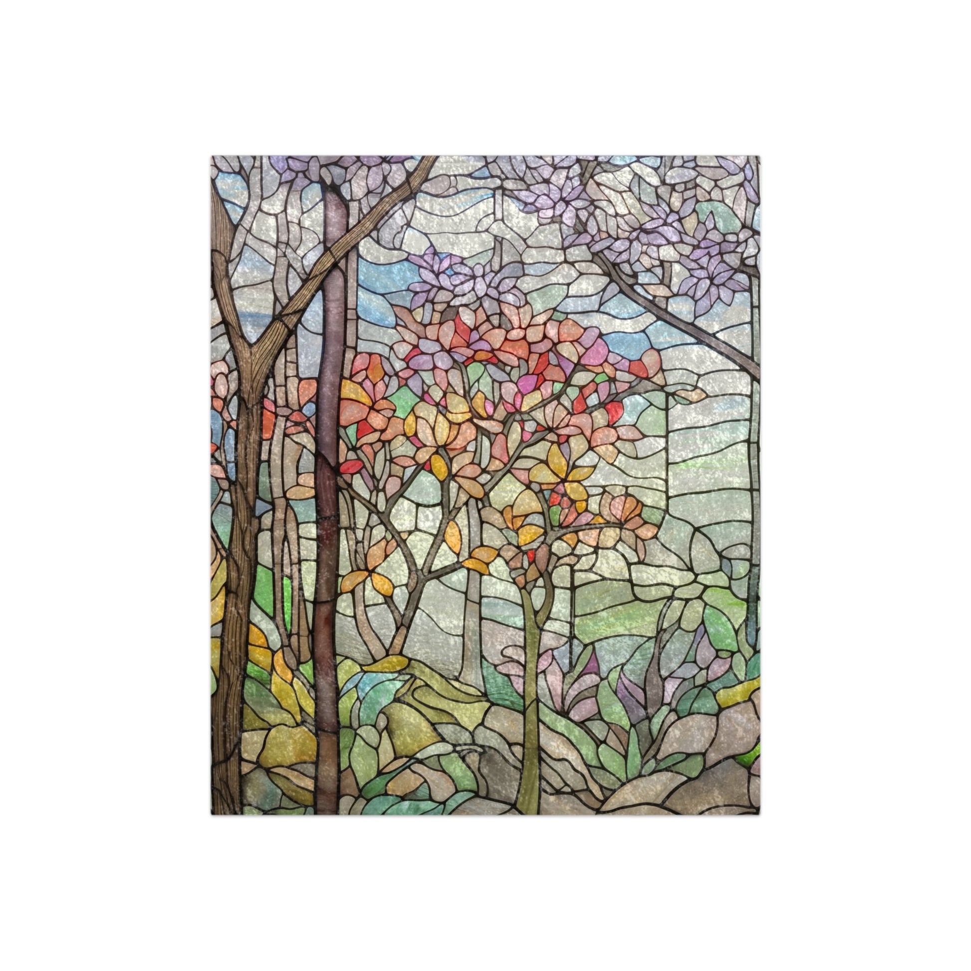 A picture of the Stained Glass Springtime Forest Crushed Velvet Blanket from GlassyRock Arts. 